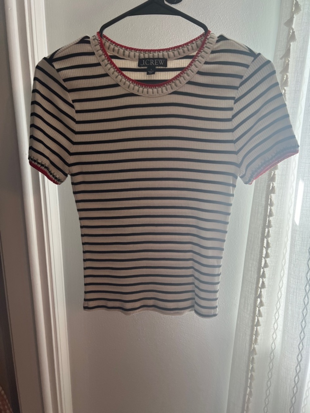 J. Crew Black & White Striped Short Sleeve Top with Red Trim